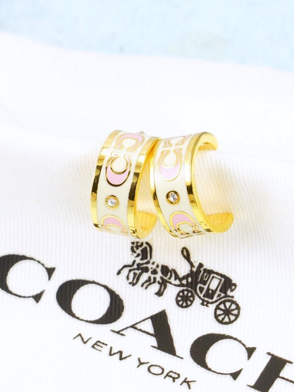 Coach Signature Pink White Enamel Hoop Earrings Gold Plated